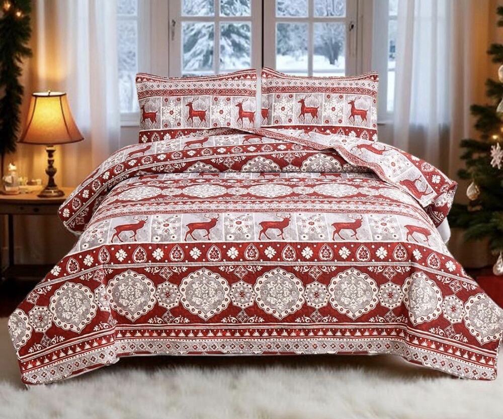 3 Pcs Red Gray Christmas Reindeer Bedding Quilt Set King